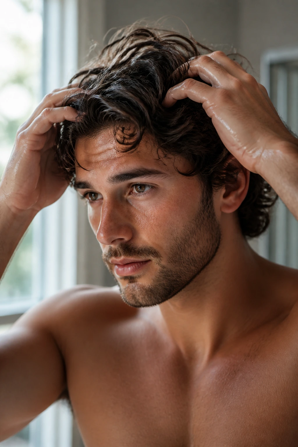 Close-up of a man styling medium-length waves in a bathroom morning light