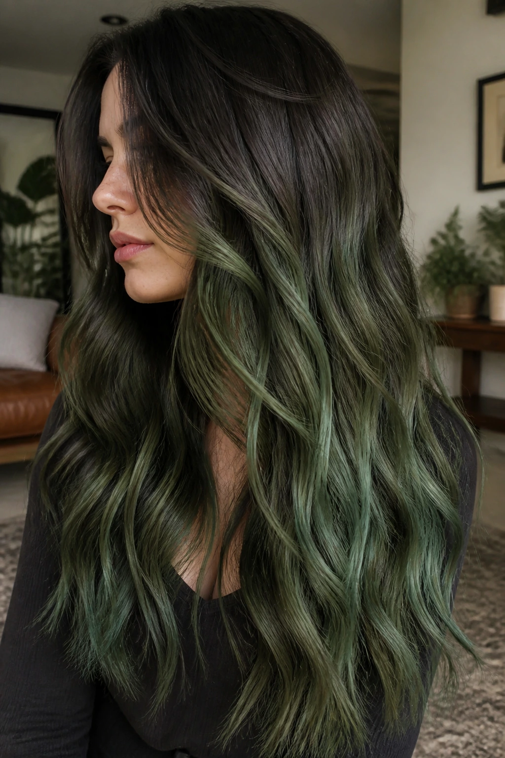 Close-up of a real woman with long hair wearing a soft mossy emerald veil