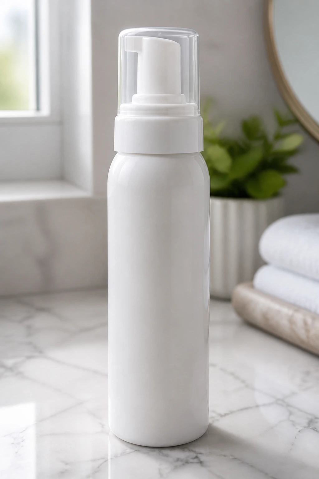 Close-up of a mousse bottle on a bathroom counter for fine hair styling
