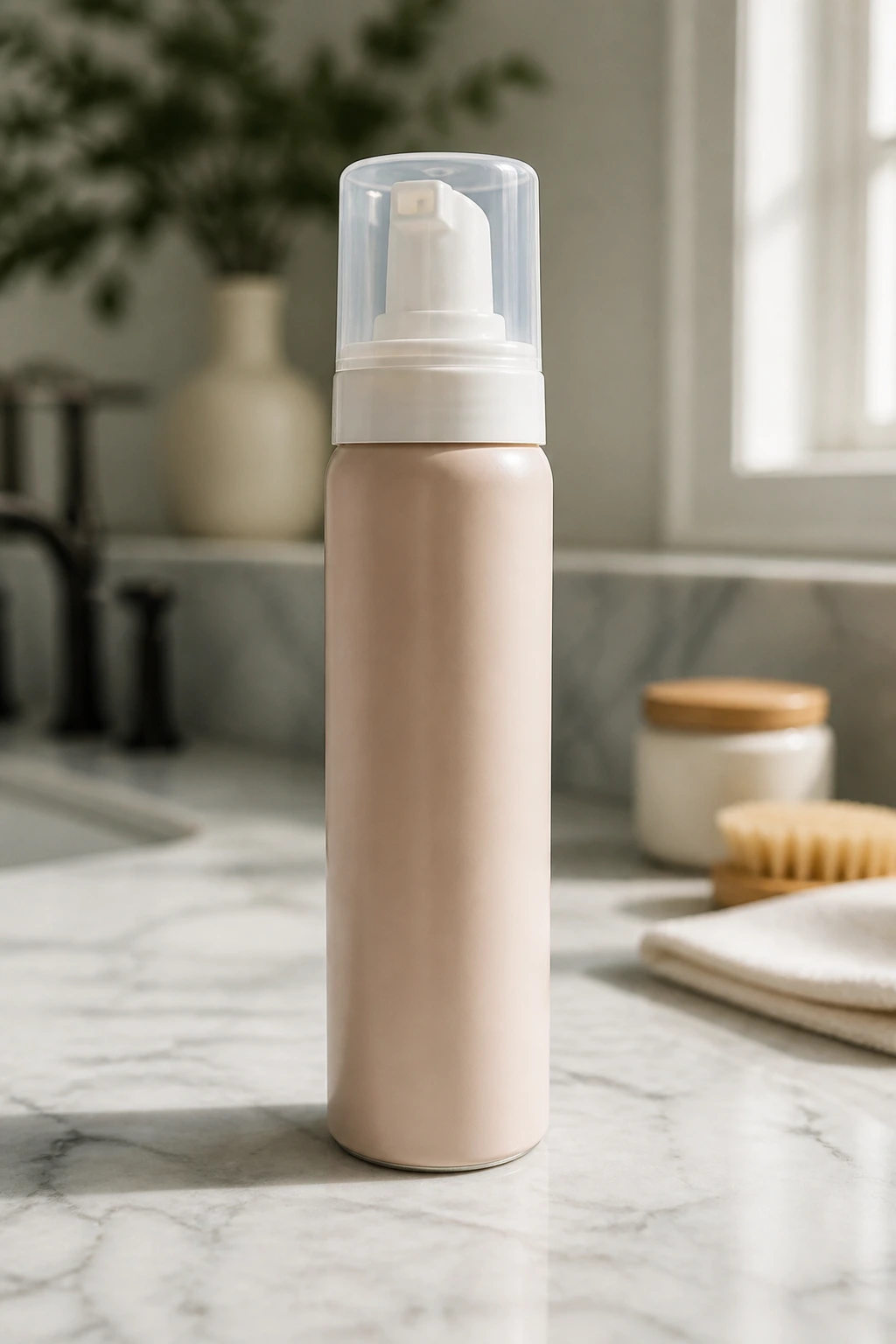 Close-up of a lightweight mousse bottle on a marble bathroom counter