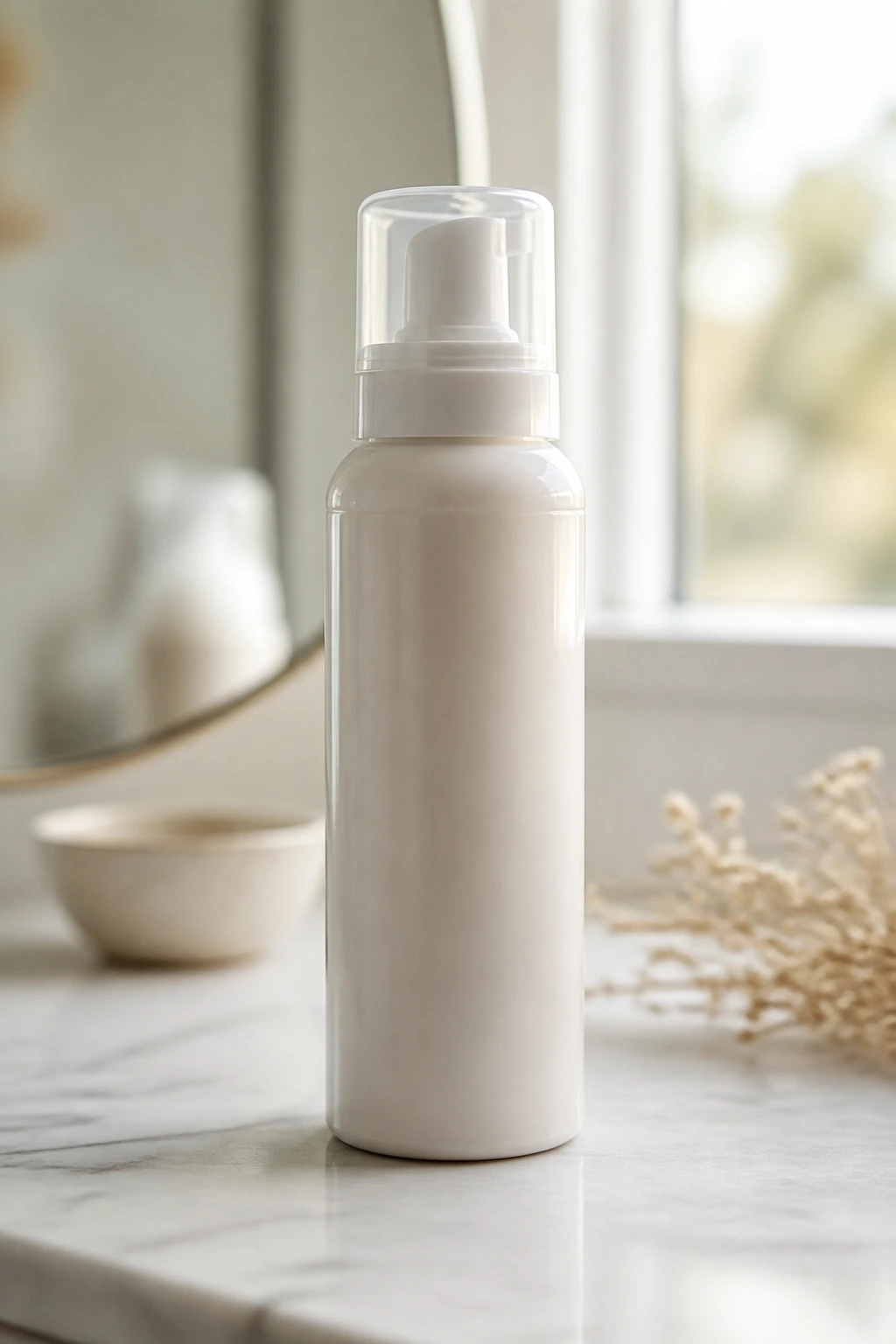 Close-up of a lightweight mousse bottle for dry, static-prone hair.