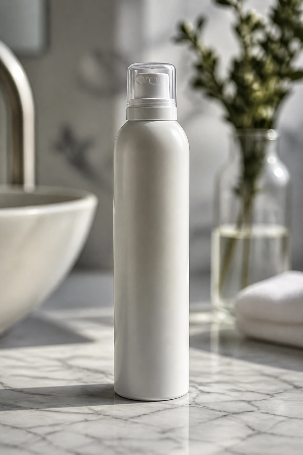 Unlabeled mousse bottle on a marble counter