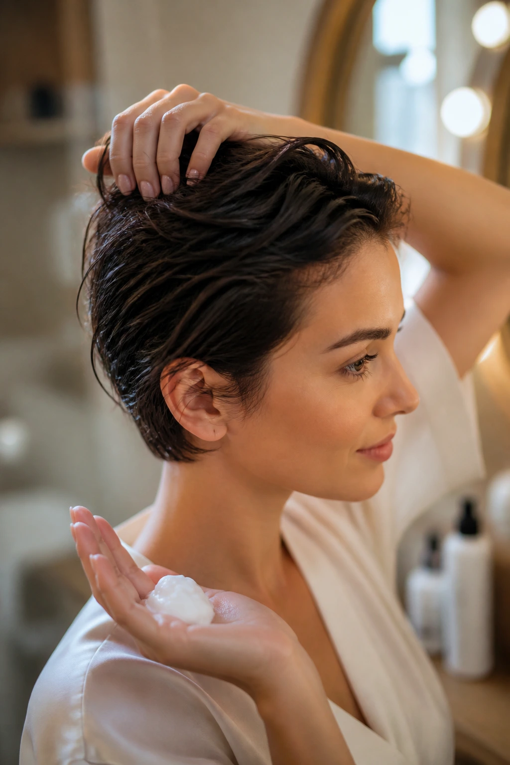 Hand applying lightweight mousse to damp short hair