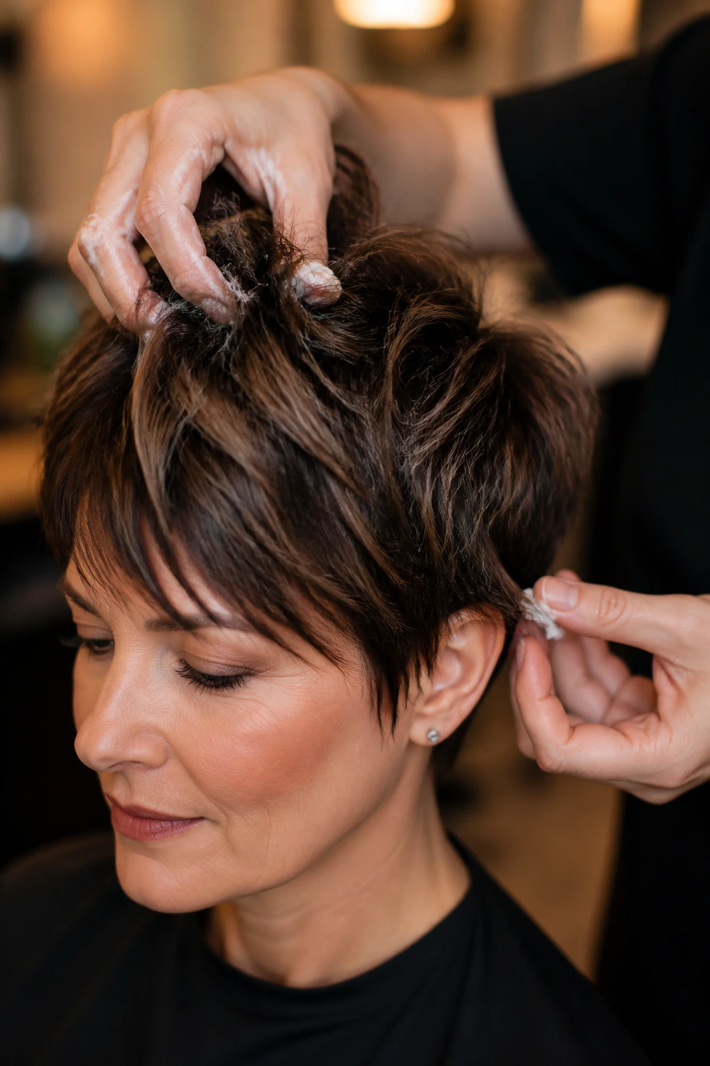 Hair being styled with mousse at roots and paste on ends