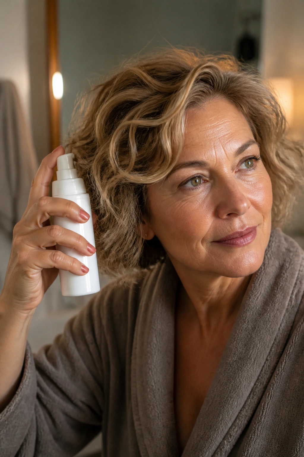 Portrait of a woman holding an unlabeled mousse bottle near her hair