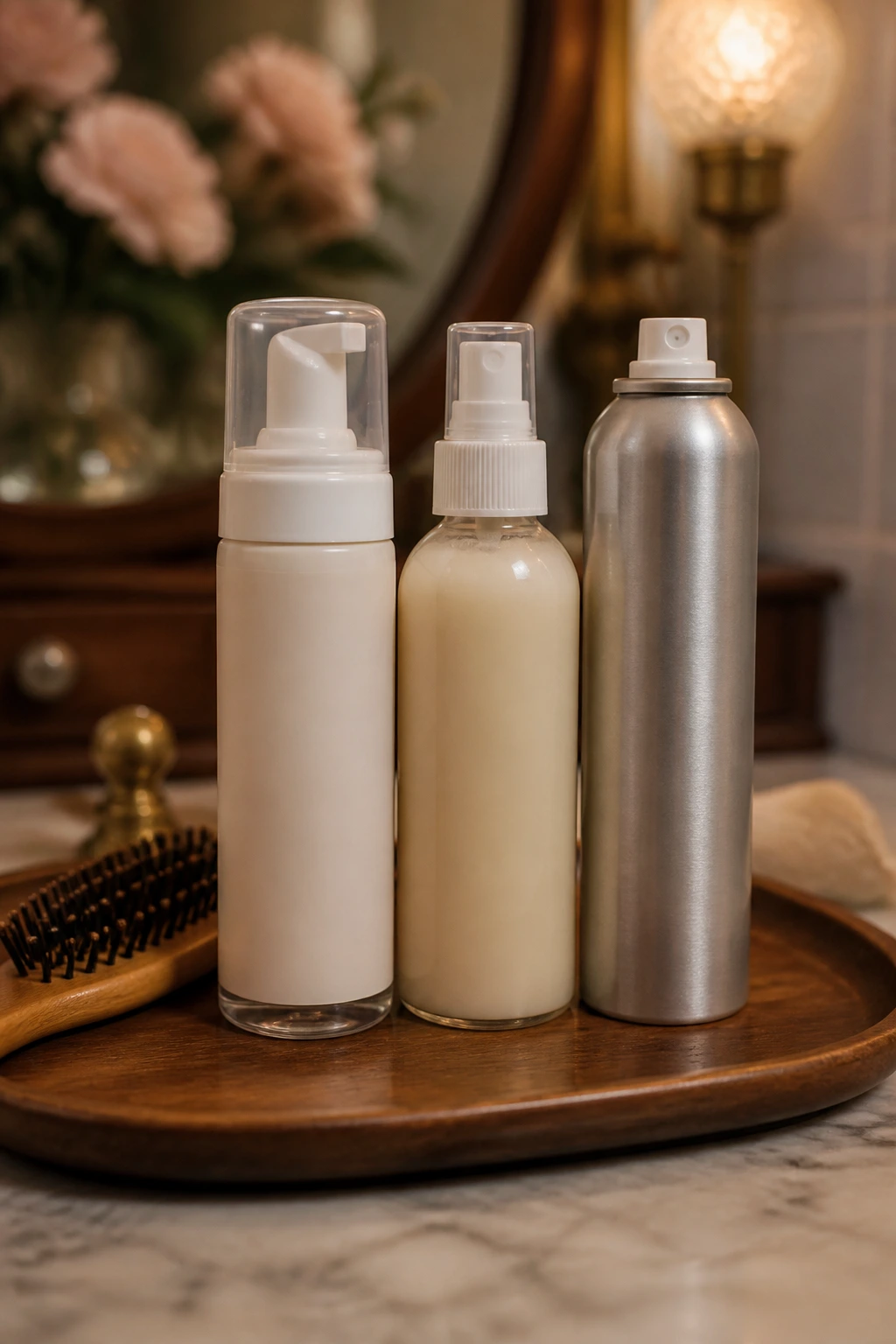 Close-up of plain-label hair styling products on a wooden vanity