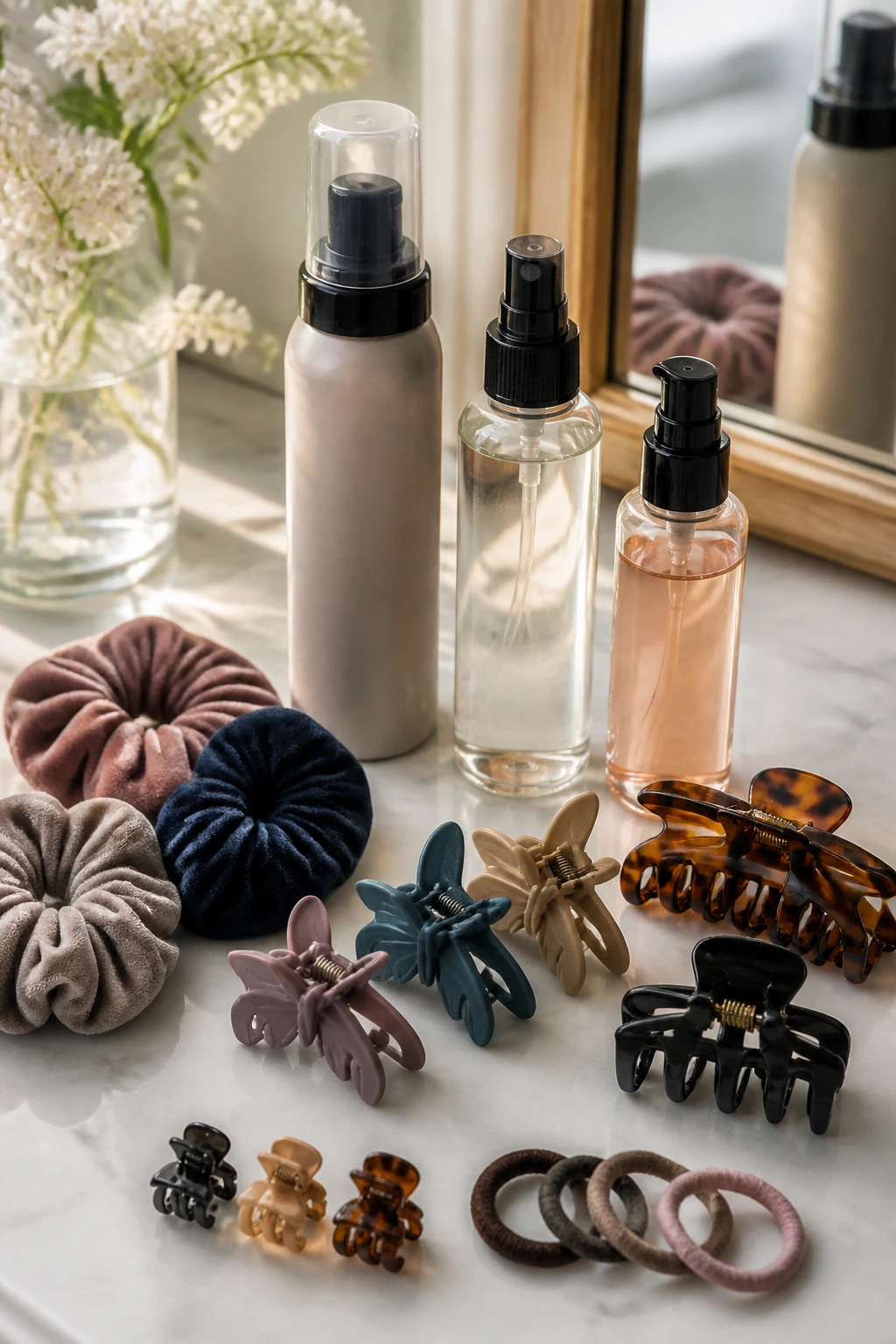 Close-up of 1990s styling products and accessories including mousse, spray, serum, clips and scrunchies