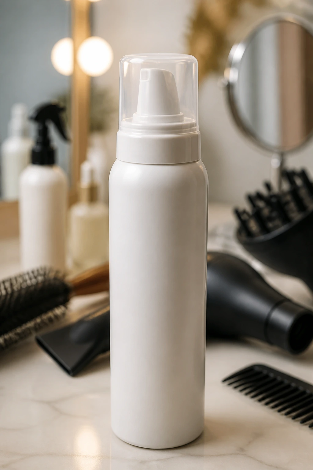 Mousse bottle close-up on vanity showing essential styling products