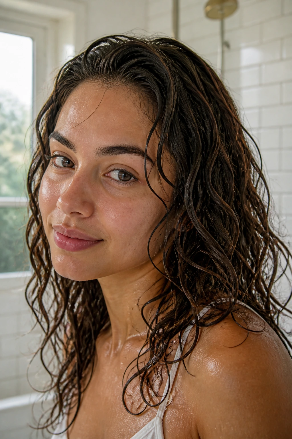 Close-up of a real woman with mousse-defined soft waves in a bright bathroom