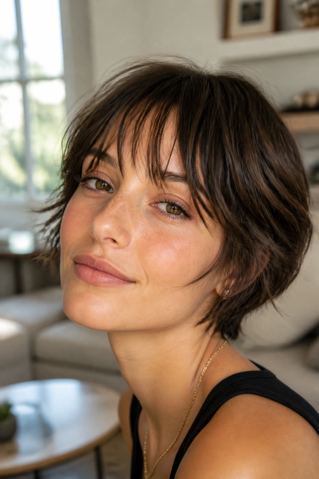 Portrait of a real person with light, movable fringe in a warm home setting.