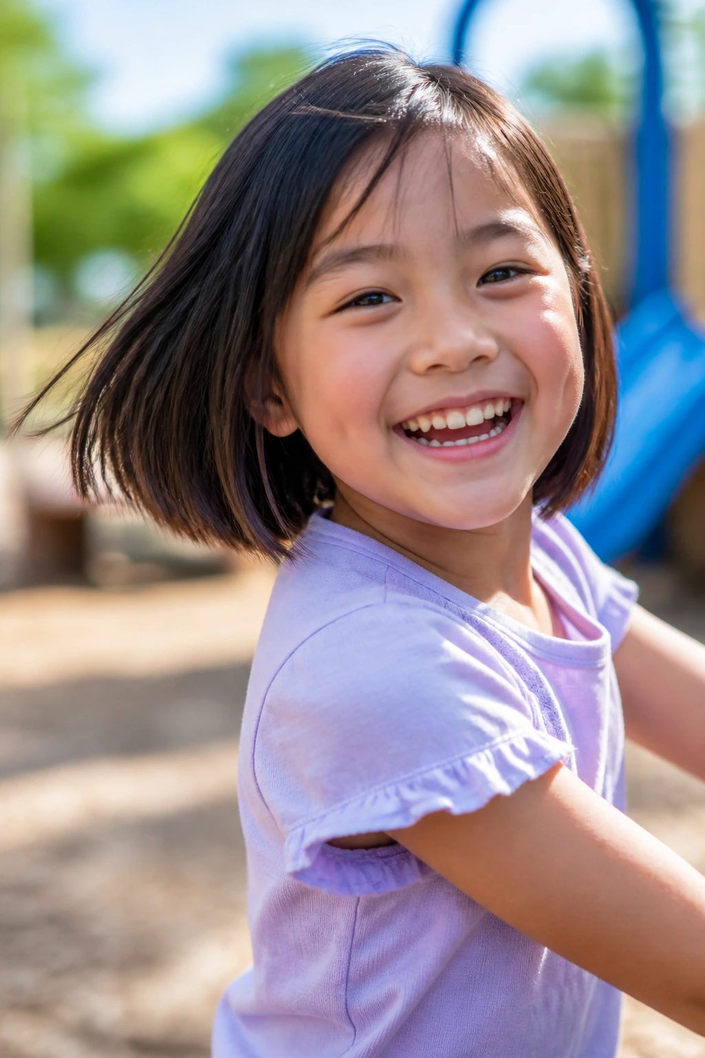 Little girl with a lively bob moving in a sunlit outdoor setting.