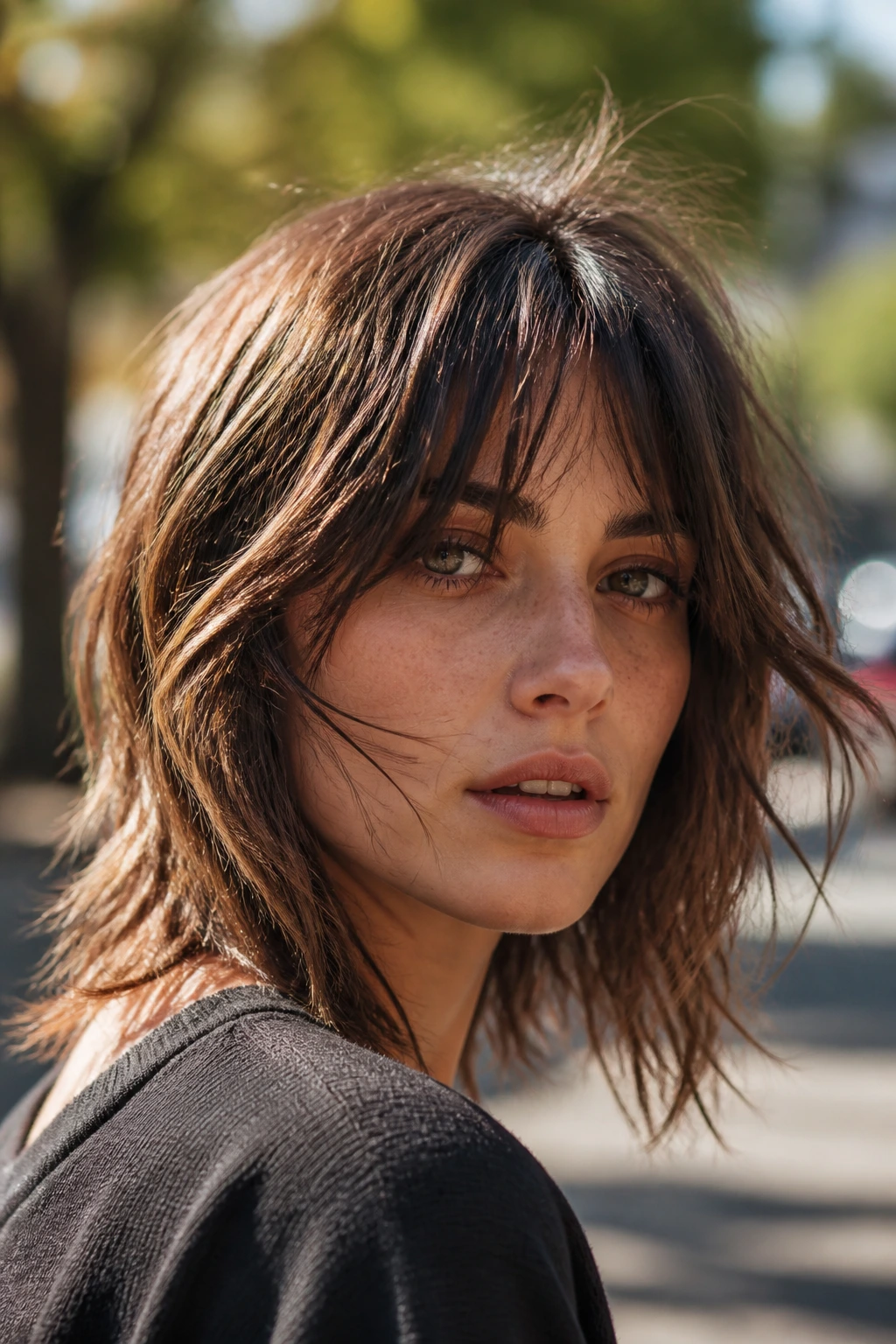 Close-up portrait of a real person with shoulder-length choppy hair showing movement in natural light