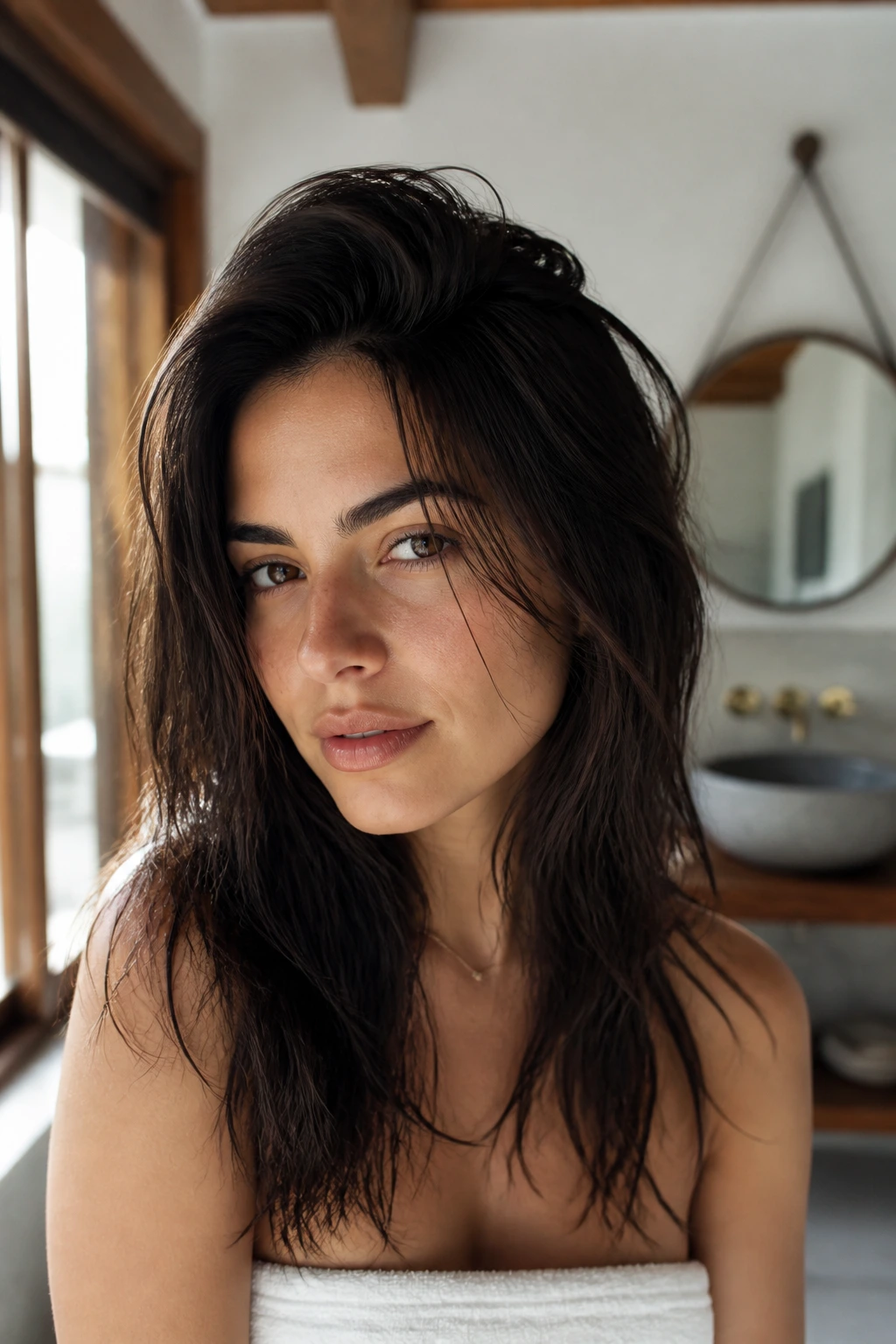 Close-up of thick dark hair with root lift and movement in bathroom light