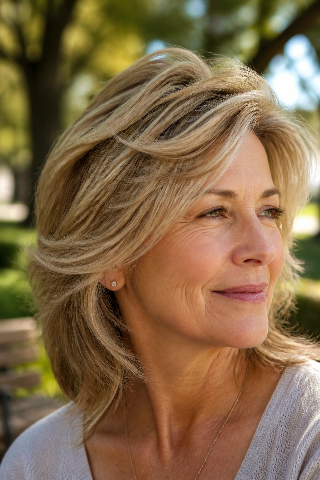 Portrait of a woman with movement-friendly medium layered haircut