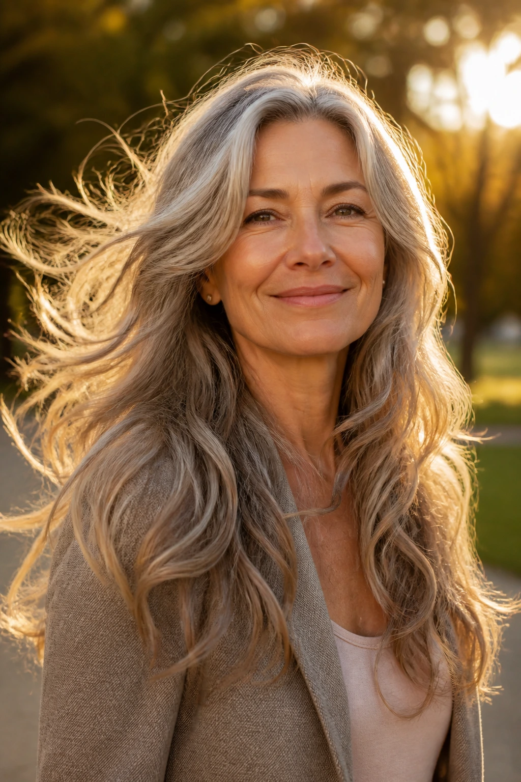 Portrait of a woman with moving long waves in golden hour outdoor setting