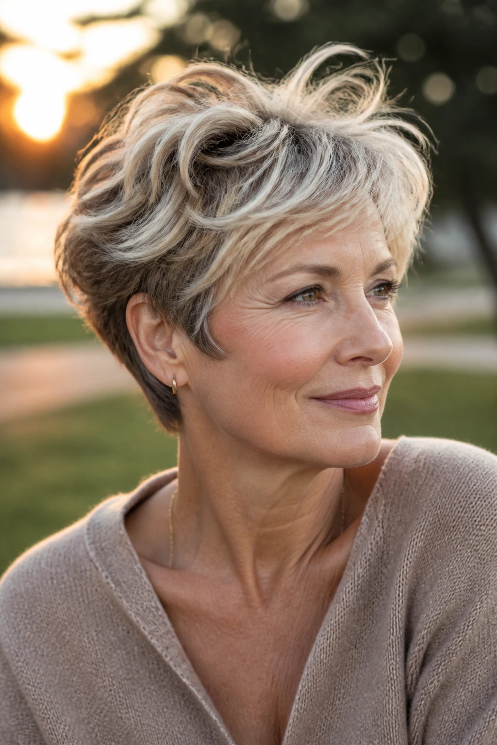 Outdoor portrait of a real woman with a wind-swept wavy pixie at golden hour in a park.