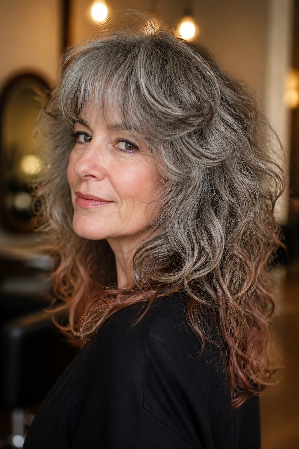 Portrait of a real woman with a movement-heavy layered shag showing grow-out transition to gray