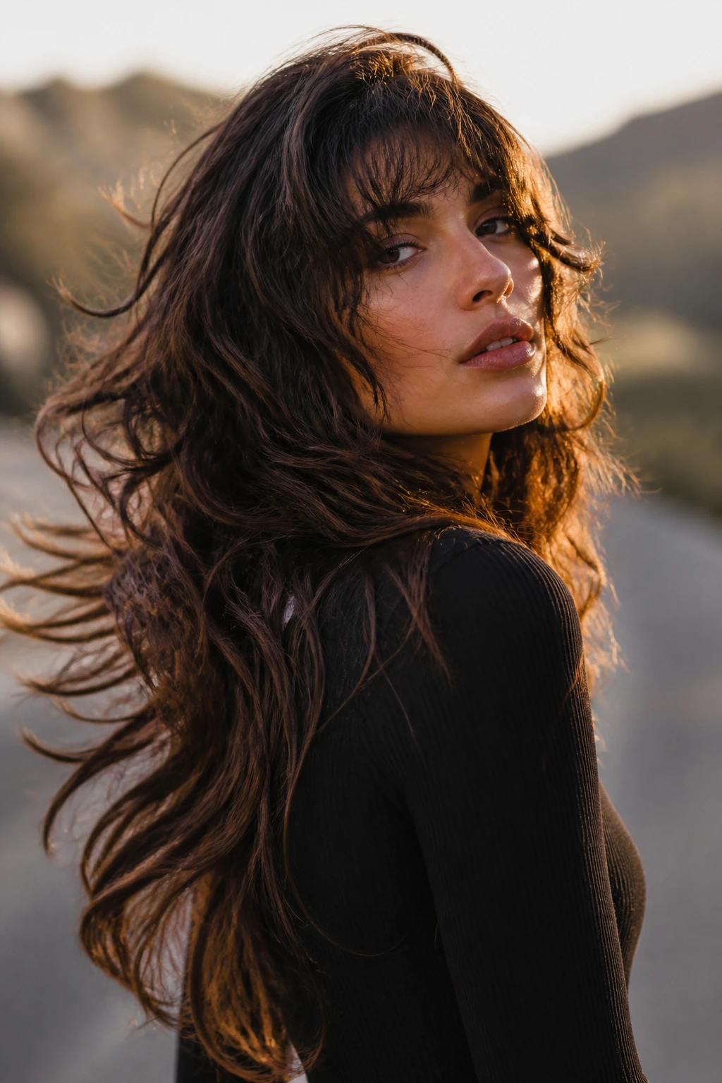 Real person with dynamic long shaggy wolf cut in motion in golden-hour outdoor light.