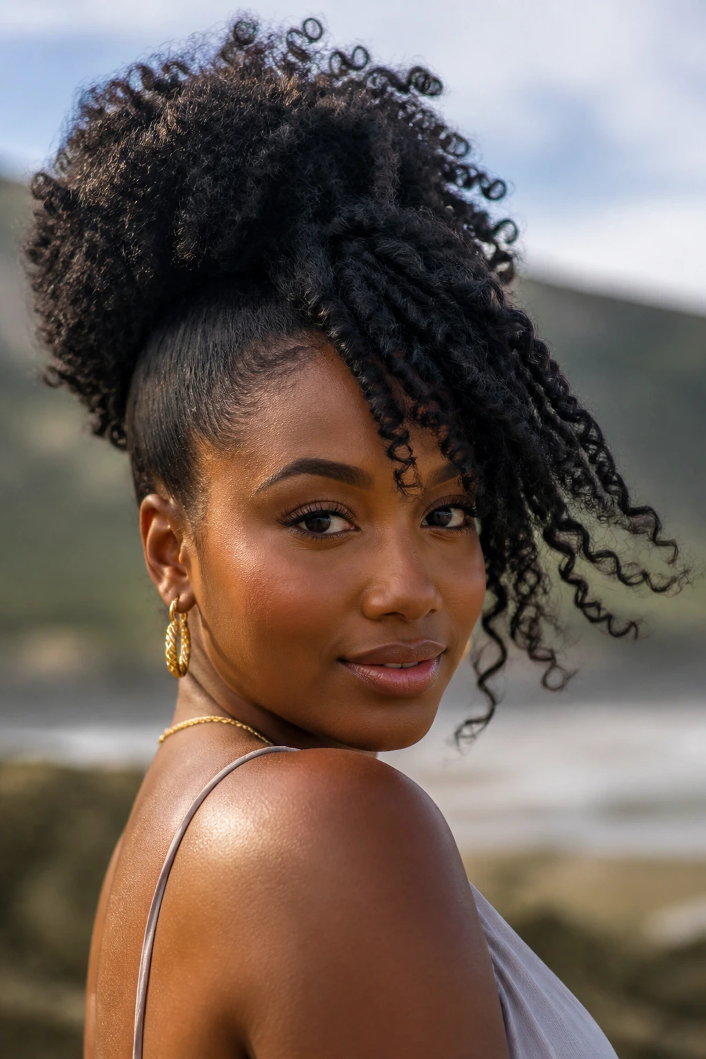Close-up of moving coils in a voluminous puff with side sweep