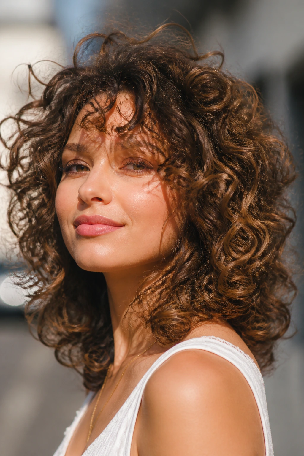 Real person with moving curls around the face in natural outdoor light