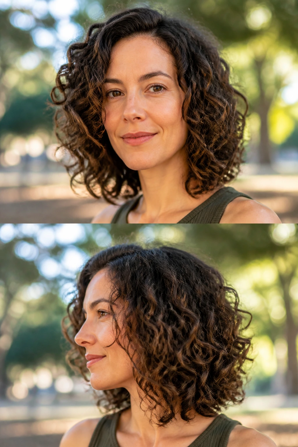 Real person with dynamic curly lob curls moving in a park setting