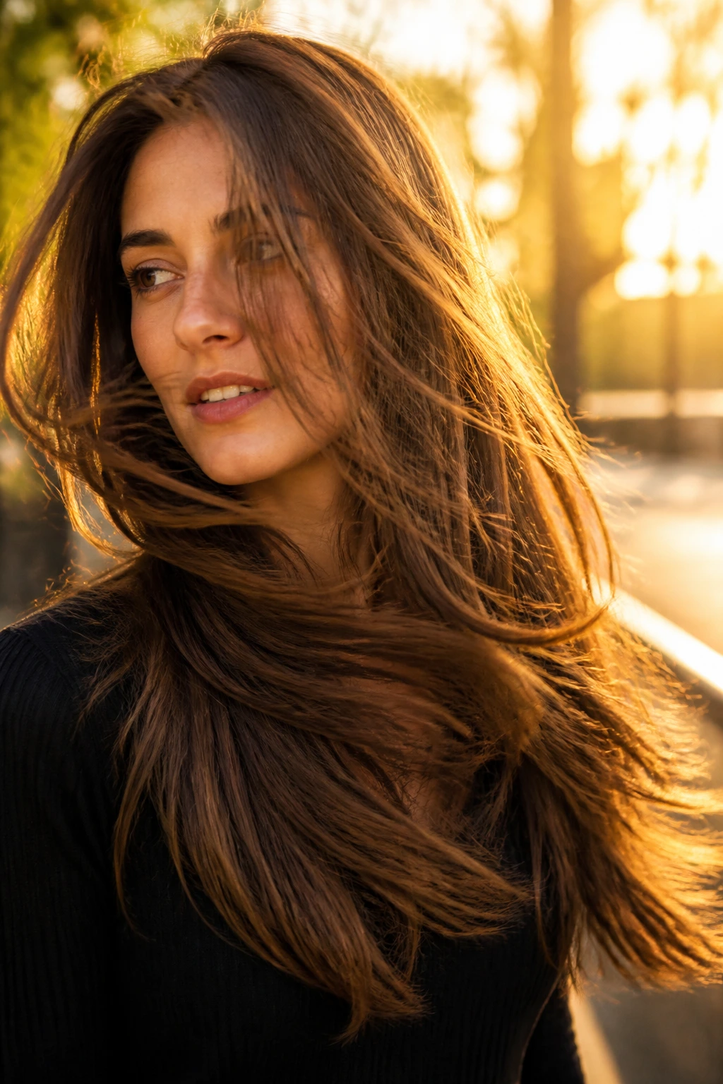 Wind-swept long-haired portrait showing movement and lift in a dynamic outdoor setting.