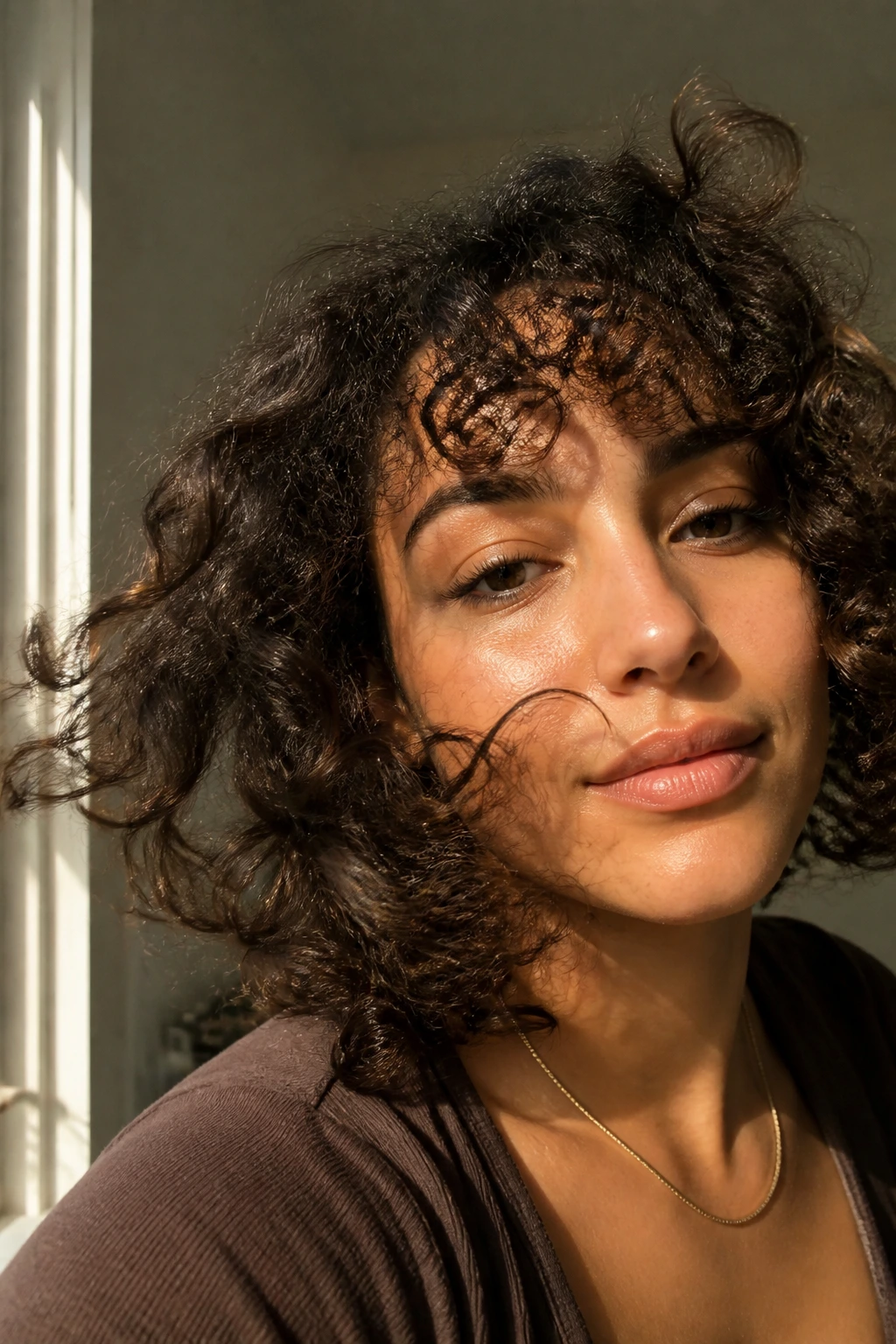 Portrait of a person with moving curly bangs by a window