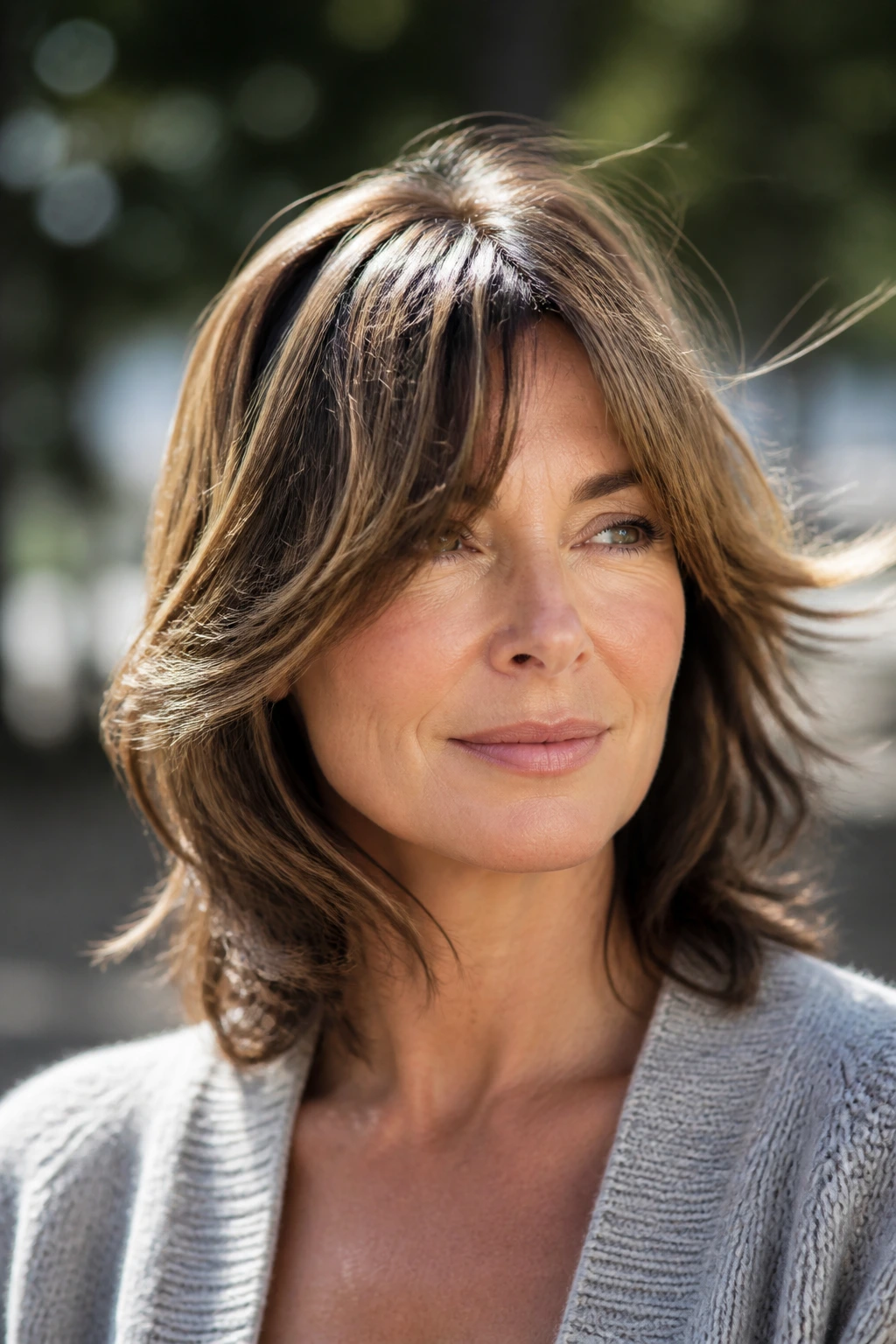 Outdoor portrait of a woman with moving curtain bangs in light breeze