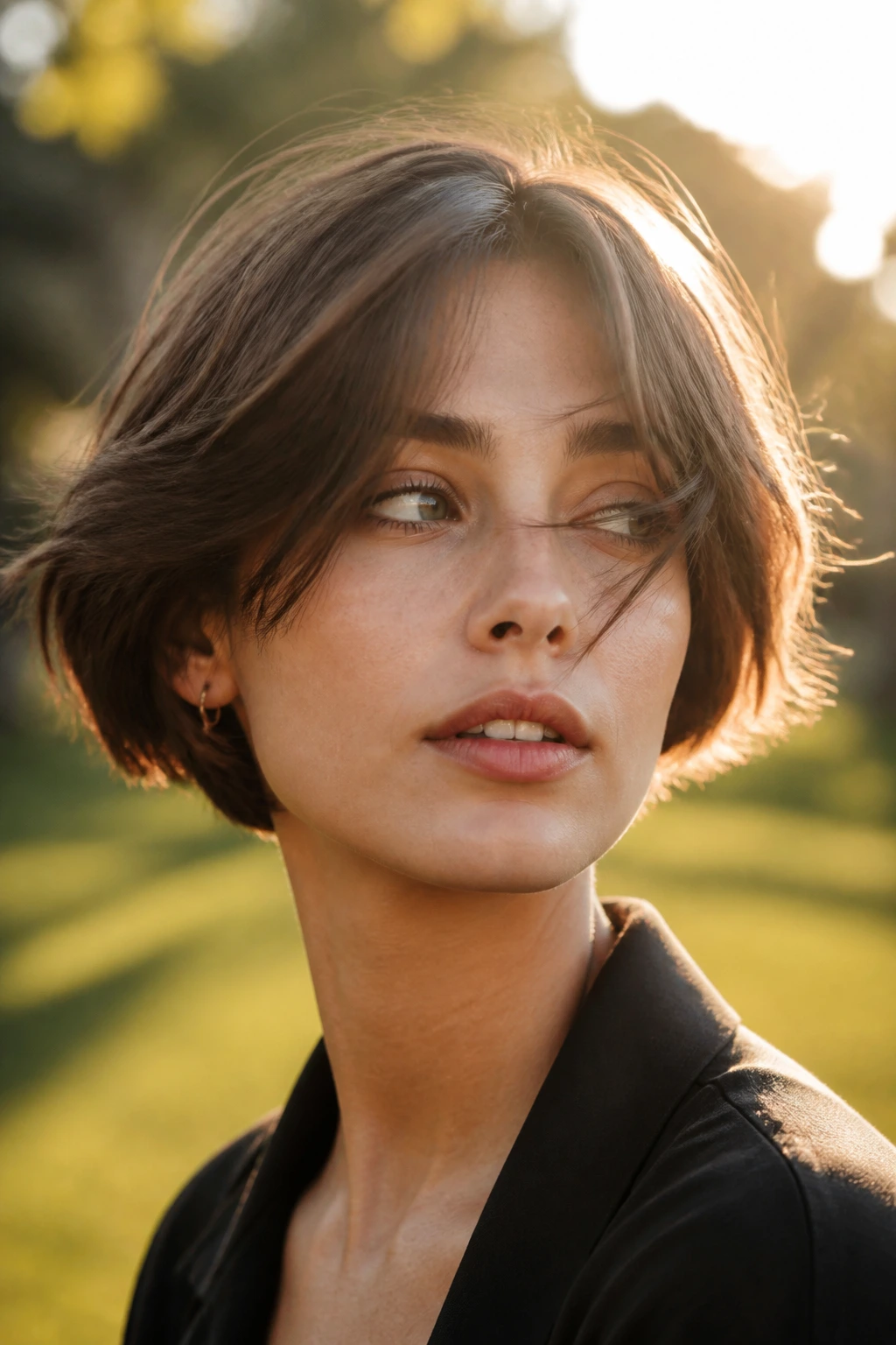 Portrait of a person with moving fringe on short hair in golden-hour light