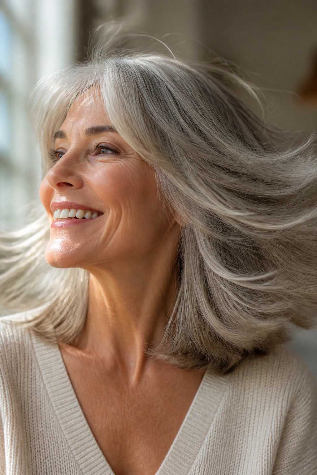 Portrait of a real woman with moving shoulder-length layered hair.
