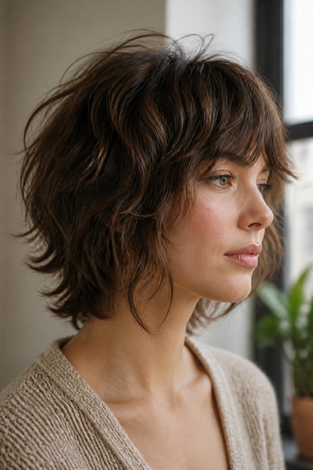 Close-up of a real woman with a moving short wavy shag showing crown lift and texture