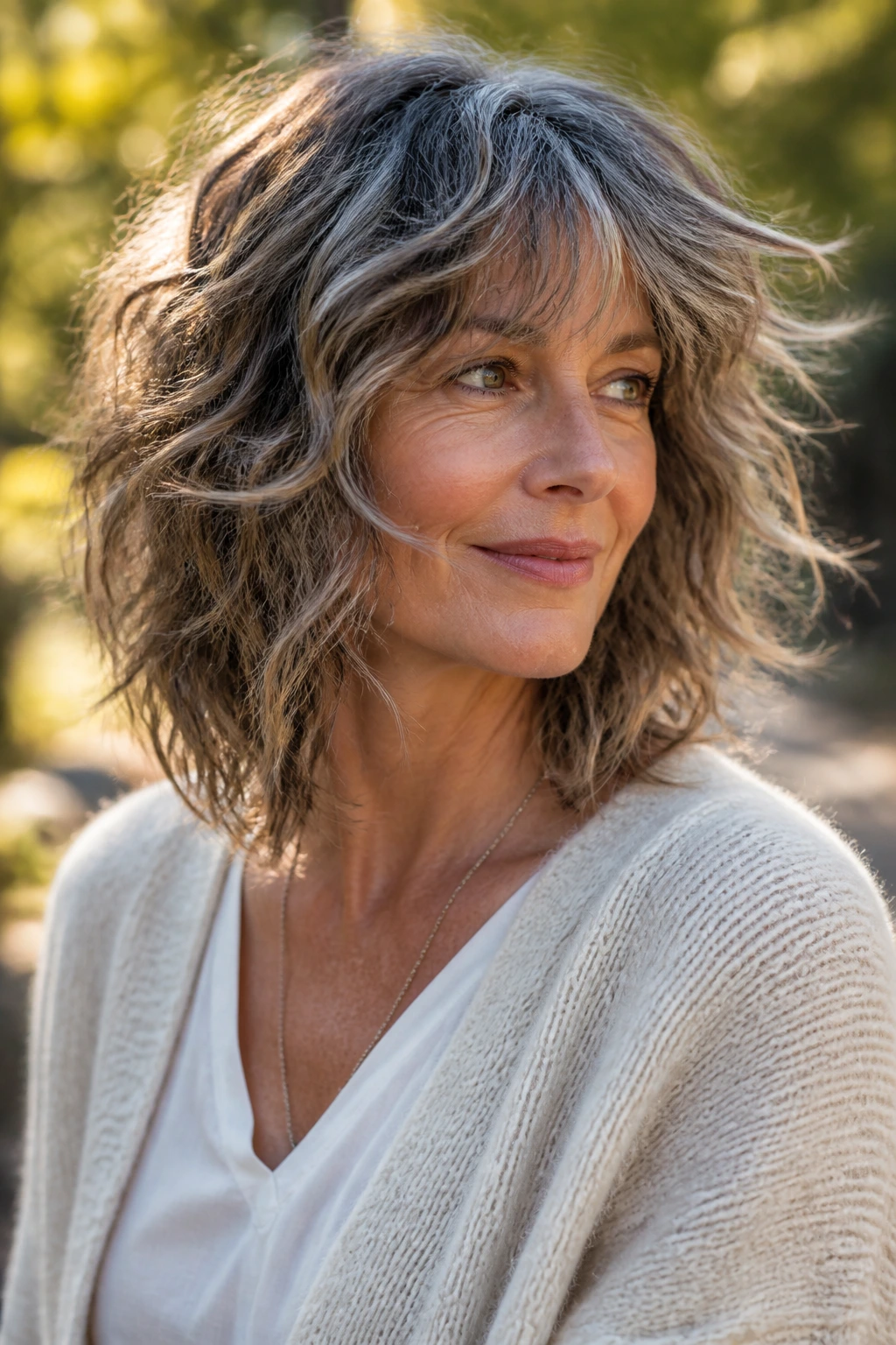 Real woman with moving wavy shag haircut outdoors in sunlight