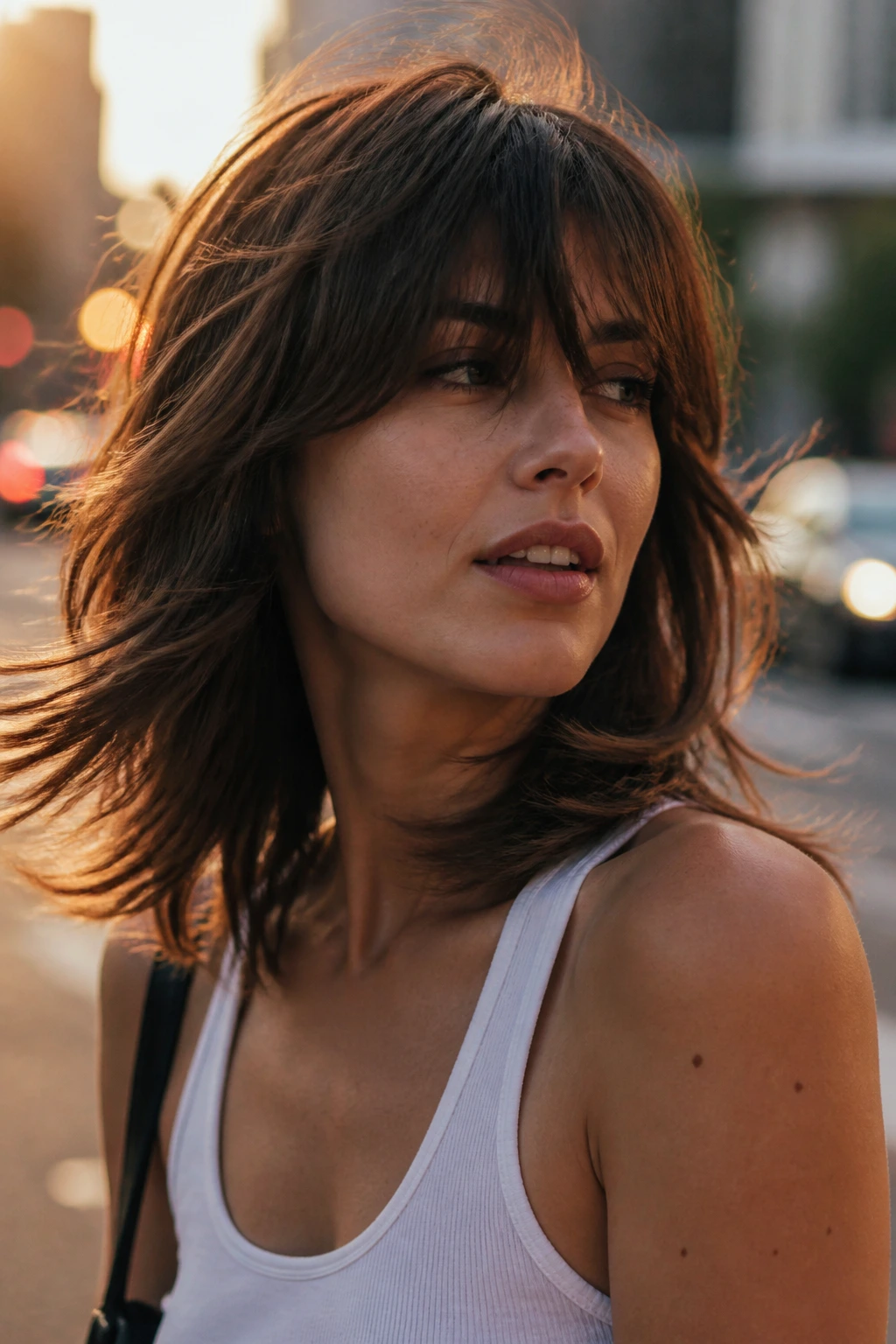 Portrait of a real woman with moving medium-length shag hair showing feathered layers and length.