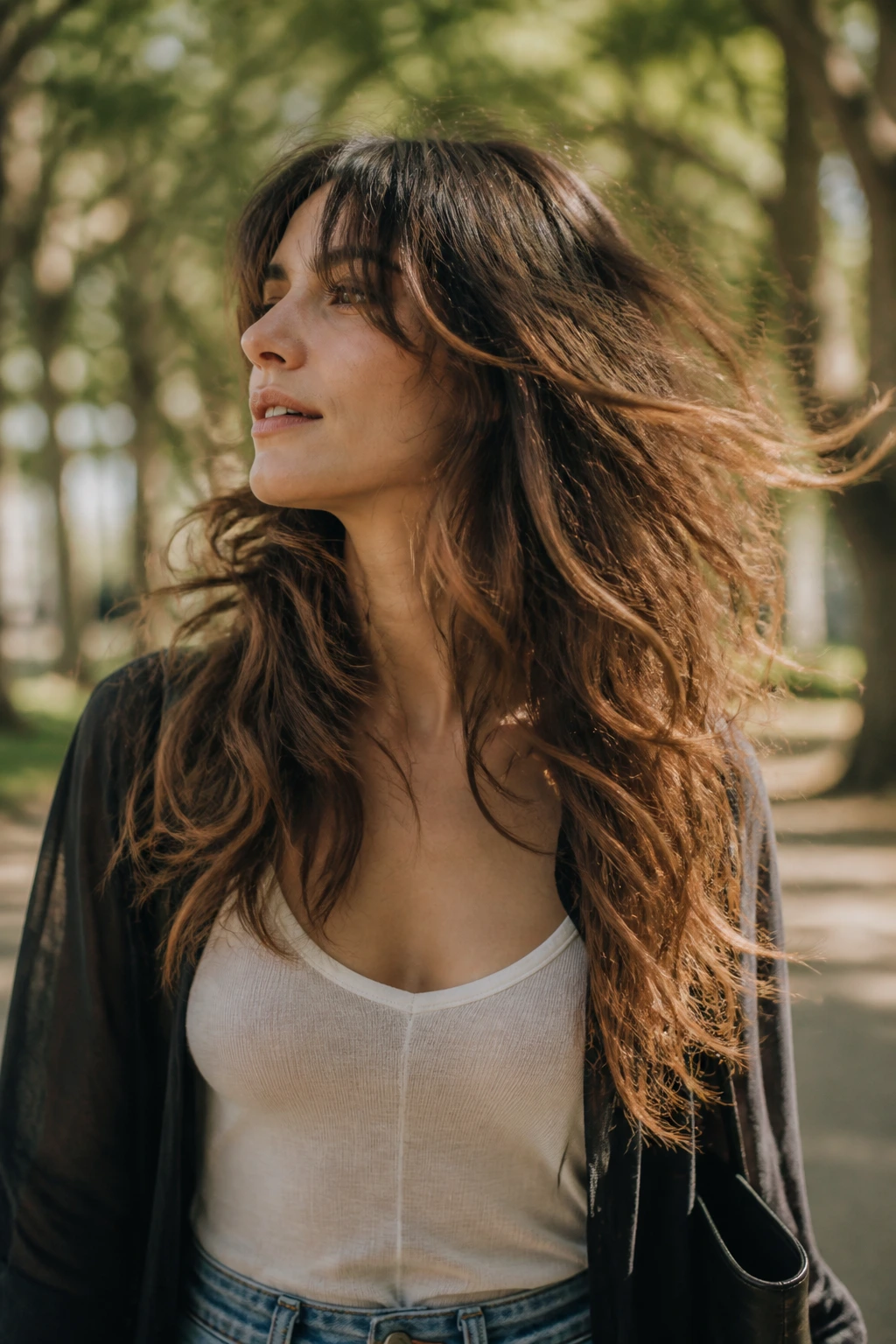 Portrait of a real person with long shag hair moving in the breeze outdoors