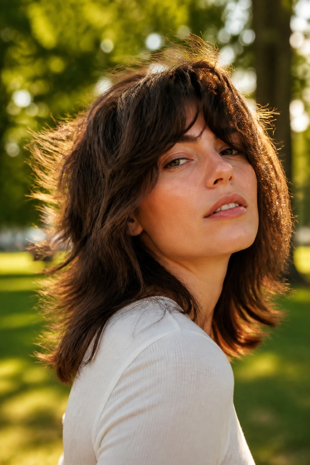 Close-up of a real person with a moving shag in golden hour park light