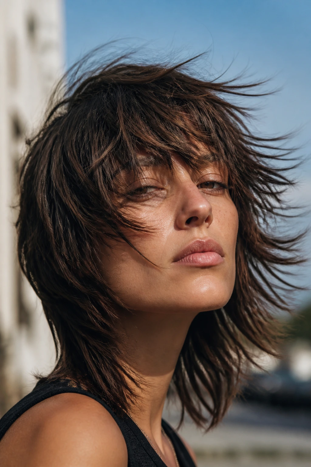 Outdoor portrait of a real person with wind-blown moving shag hairstyle