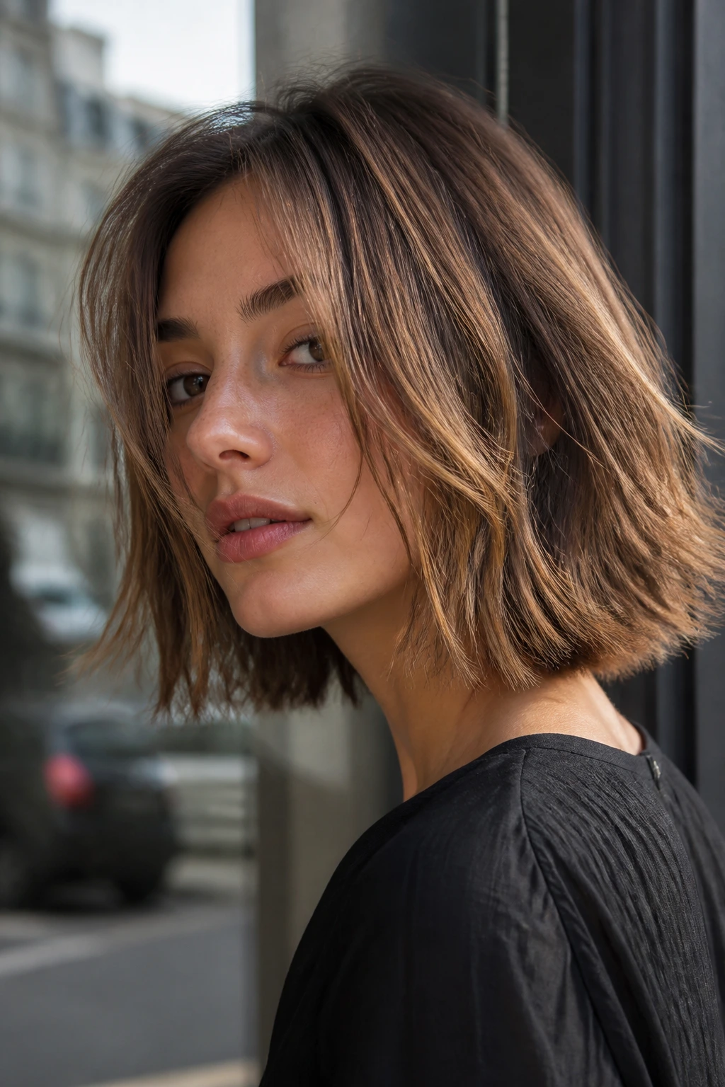 Portrait of a real woman with a dynamic choppy lob showing motion in natural light