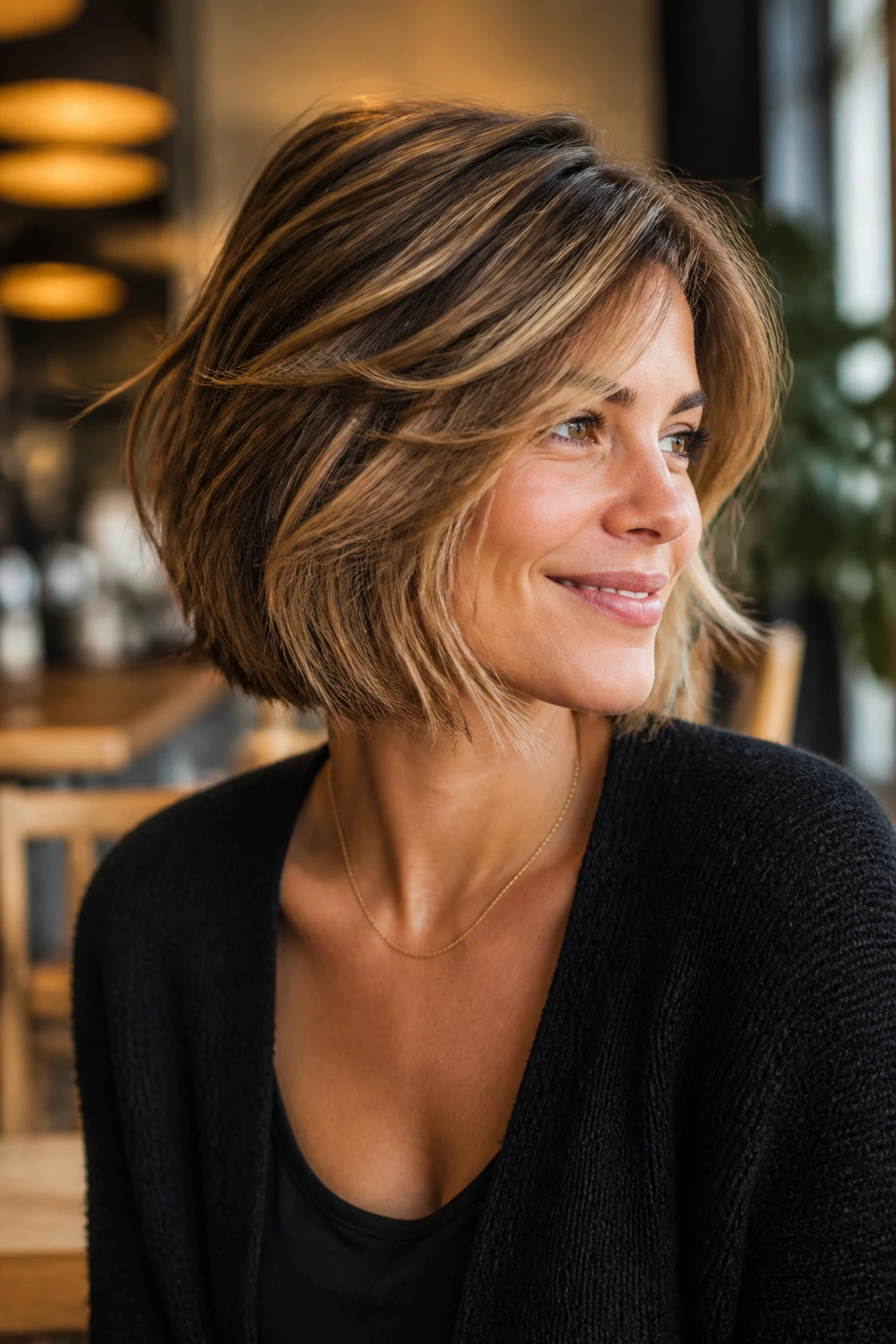 Portrait of a person with a movable, swingy short layered haircut in warm cafe lighting.