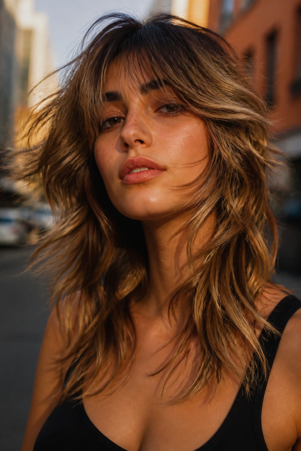 Portrait of moving wolf cut balayage in golden hour light