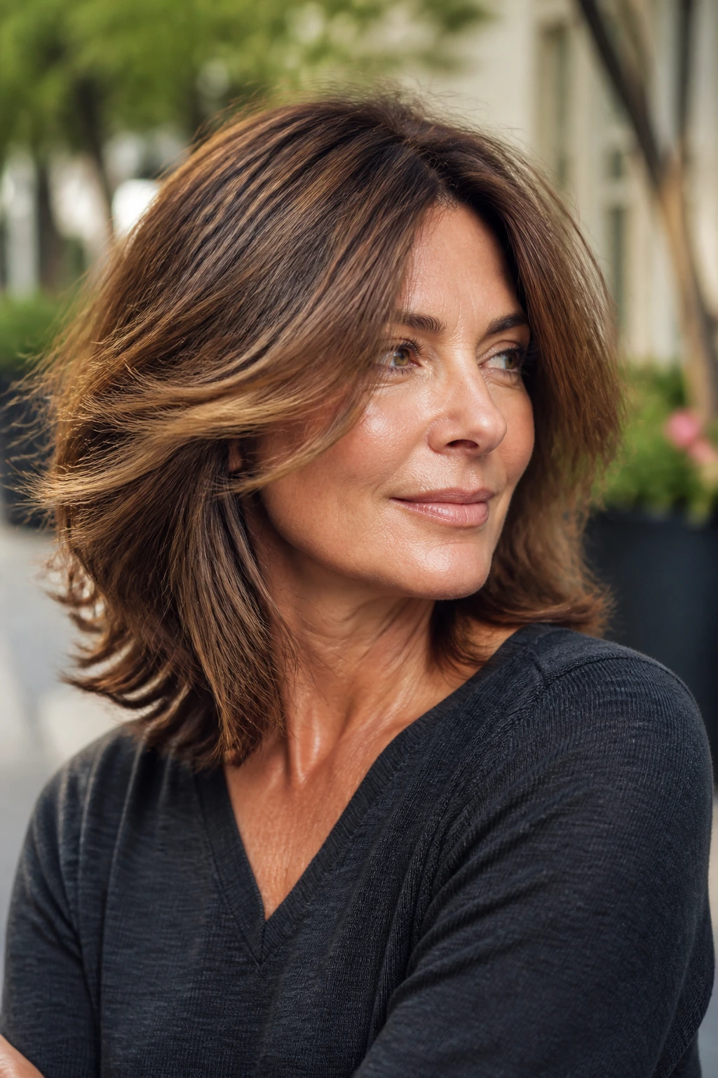 Close-up of a real woman with a moving thick hair shape in a breezy outdoor setting