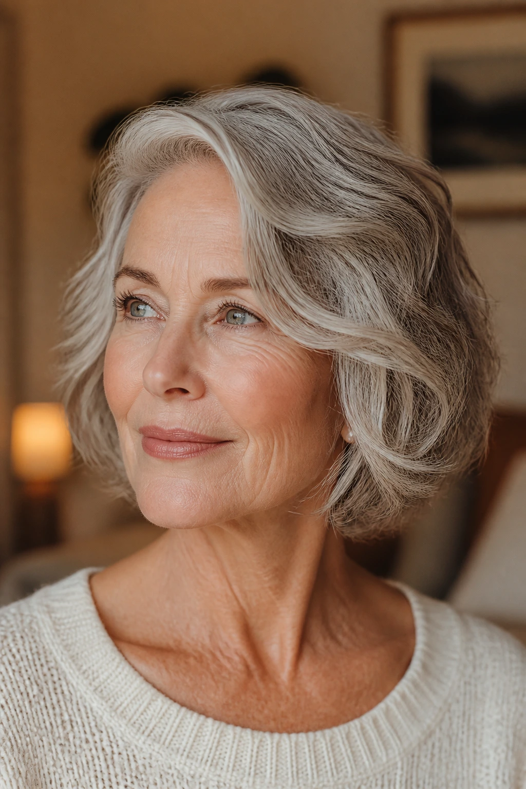 Real 60s woman with a sculpted, moving wavy hairstyle