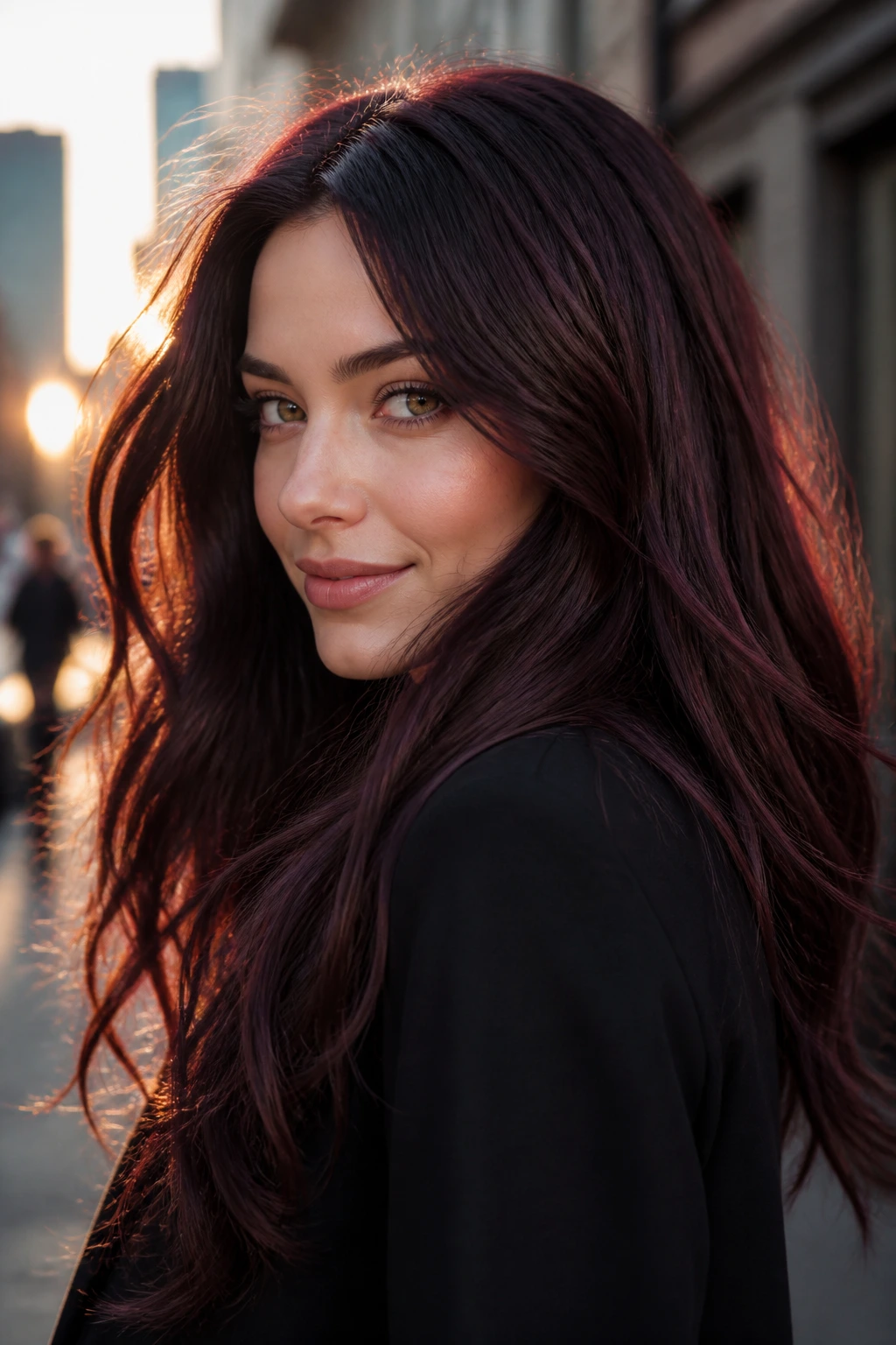 Close-up of a real woman with mulberry brunette hair showing plum tones in light
