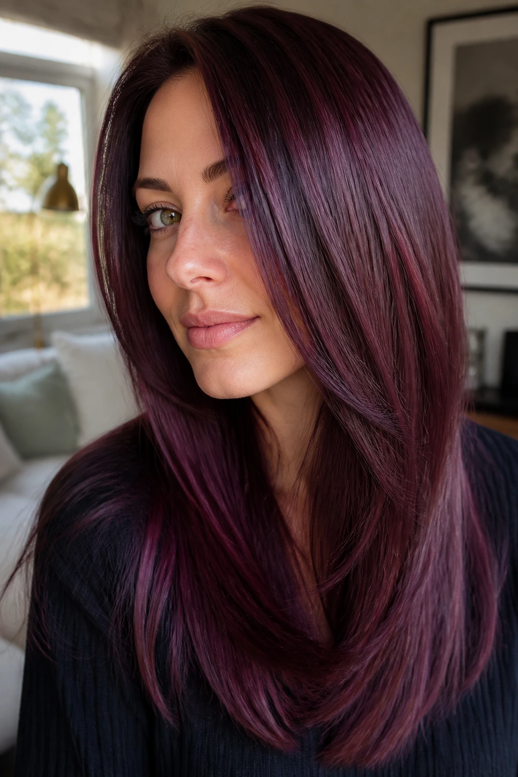 Close-up of a woman with mulberry gloss on straight layered hair