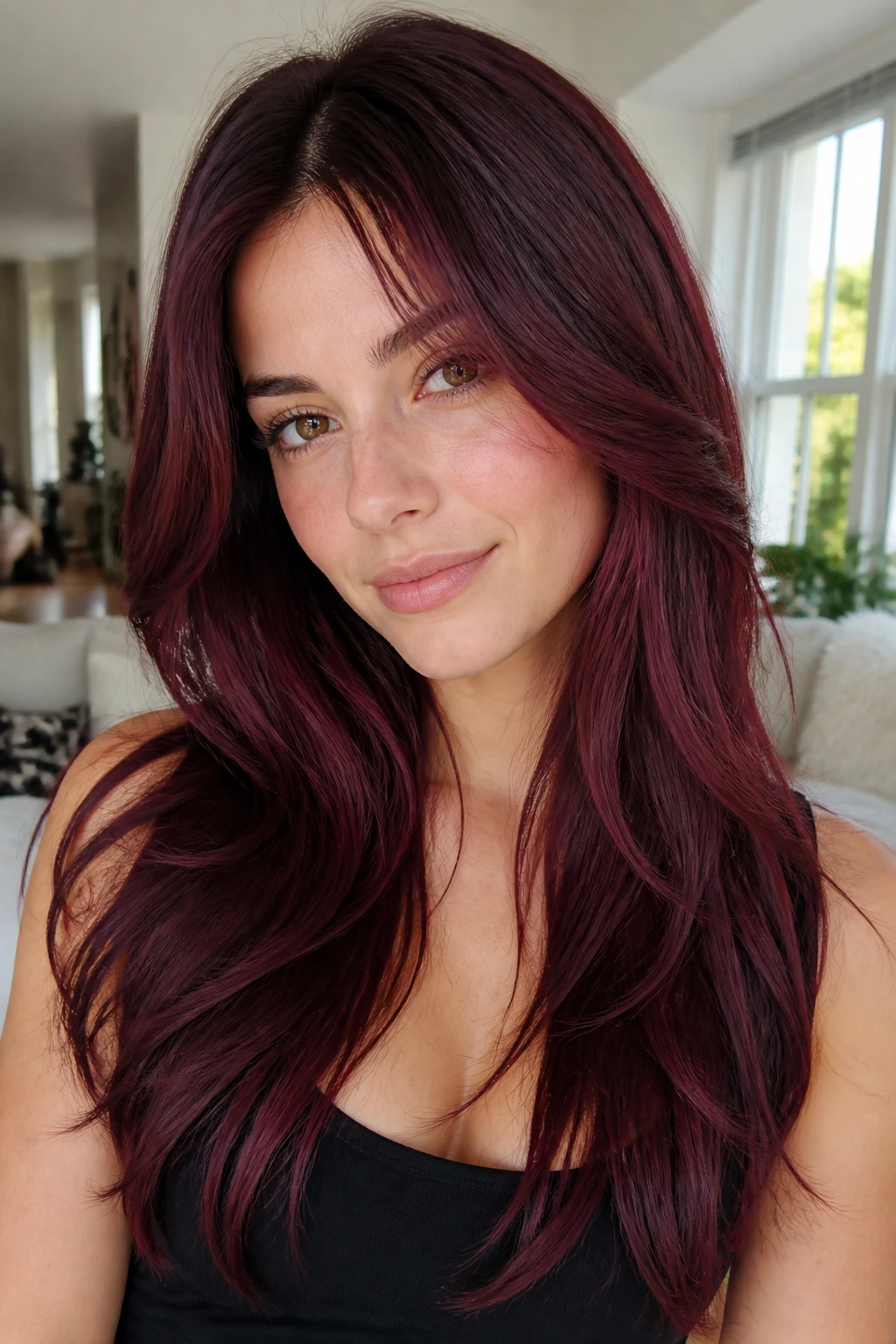 Close-up of a real woman with mulberry waterfall layers