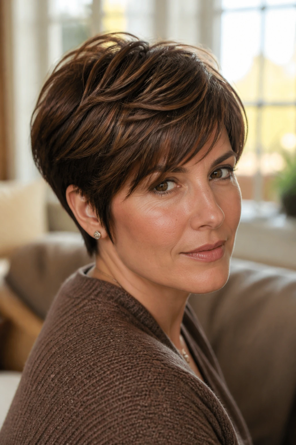 Close-up portrait of a real woman with mulled brown layered pixie in a cozy living room with warm daylight