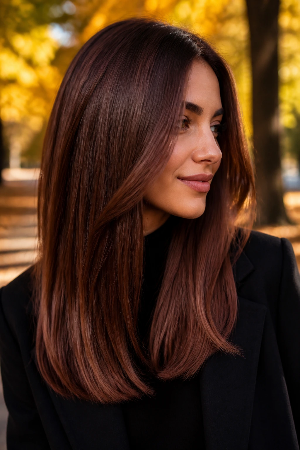 Close-up of a real woman with mulled spice brunette hair and glossy finish