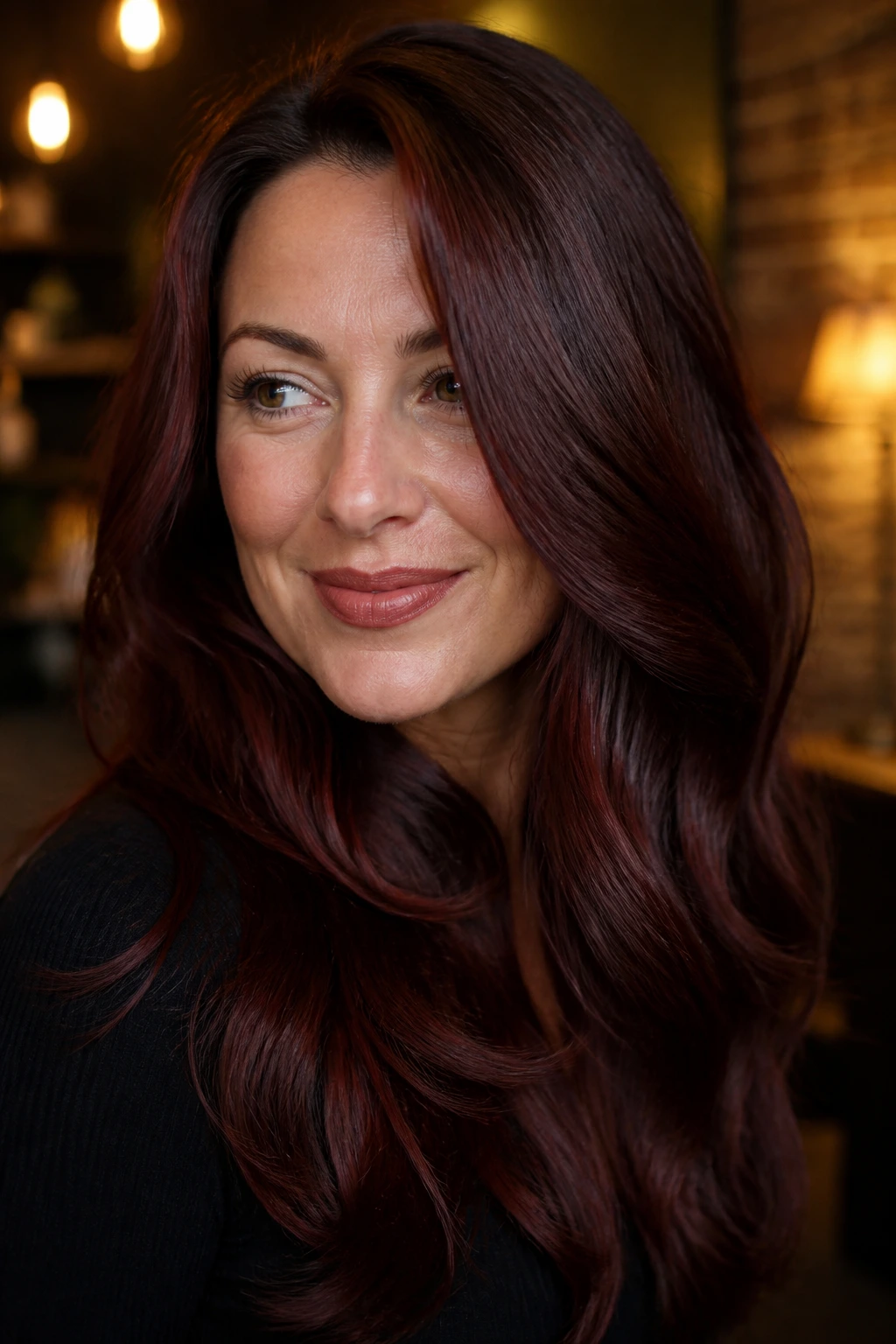 Portrait of a woman with mulled wine auburn hair in warm lighting.