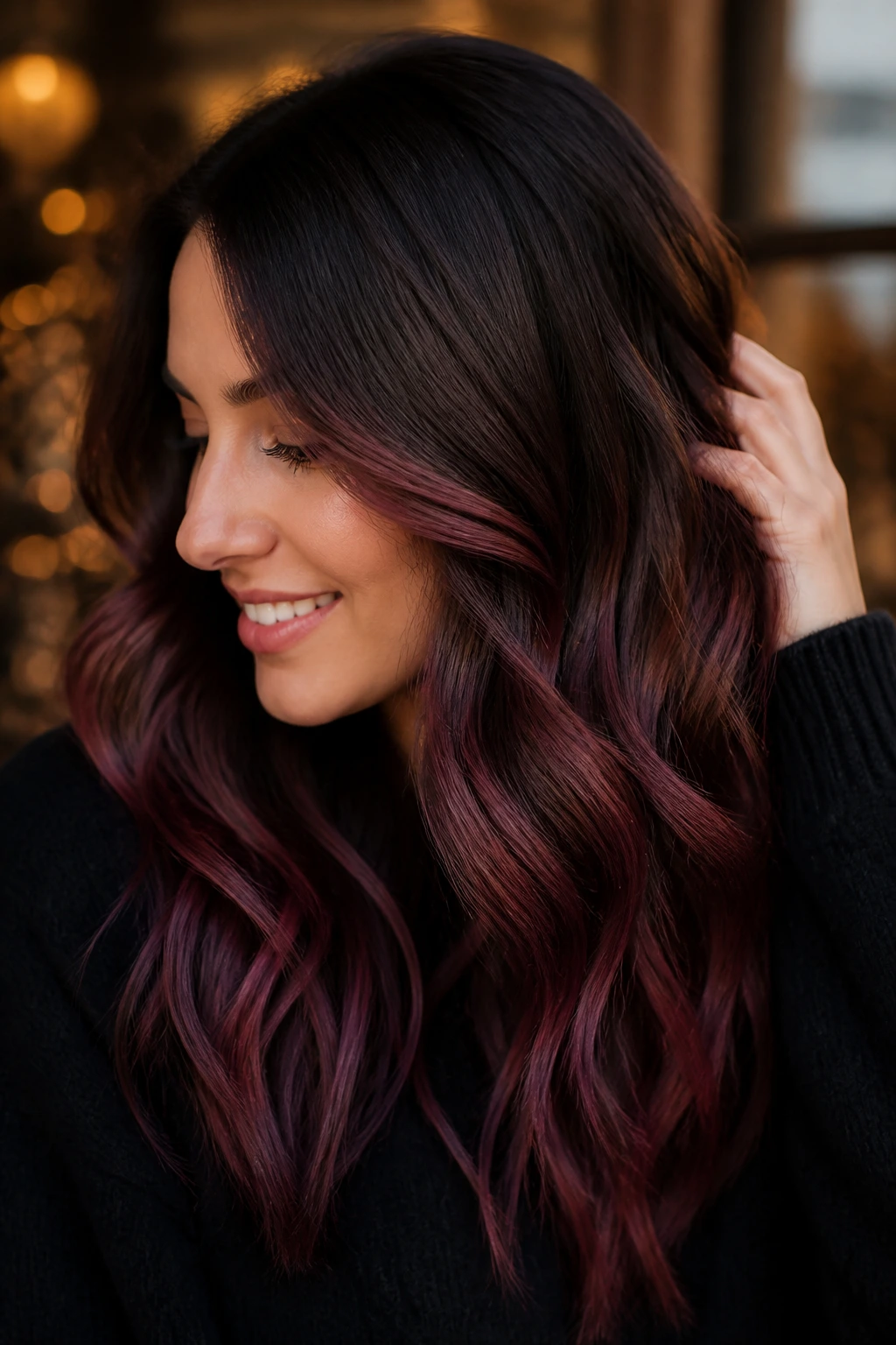 Close-up of a woman with mulled wine brunette balayage in a warm winter interior
