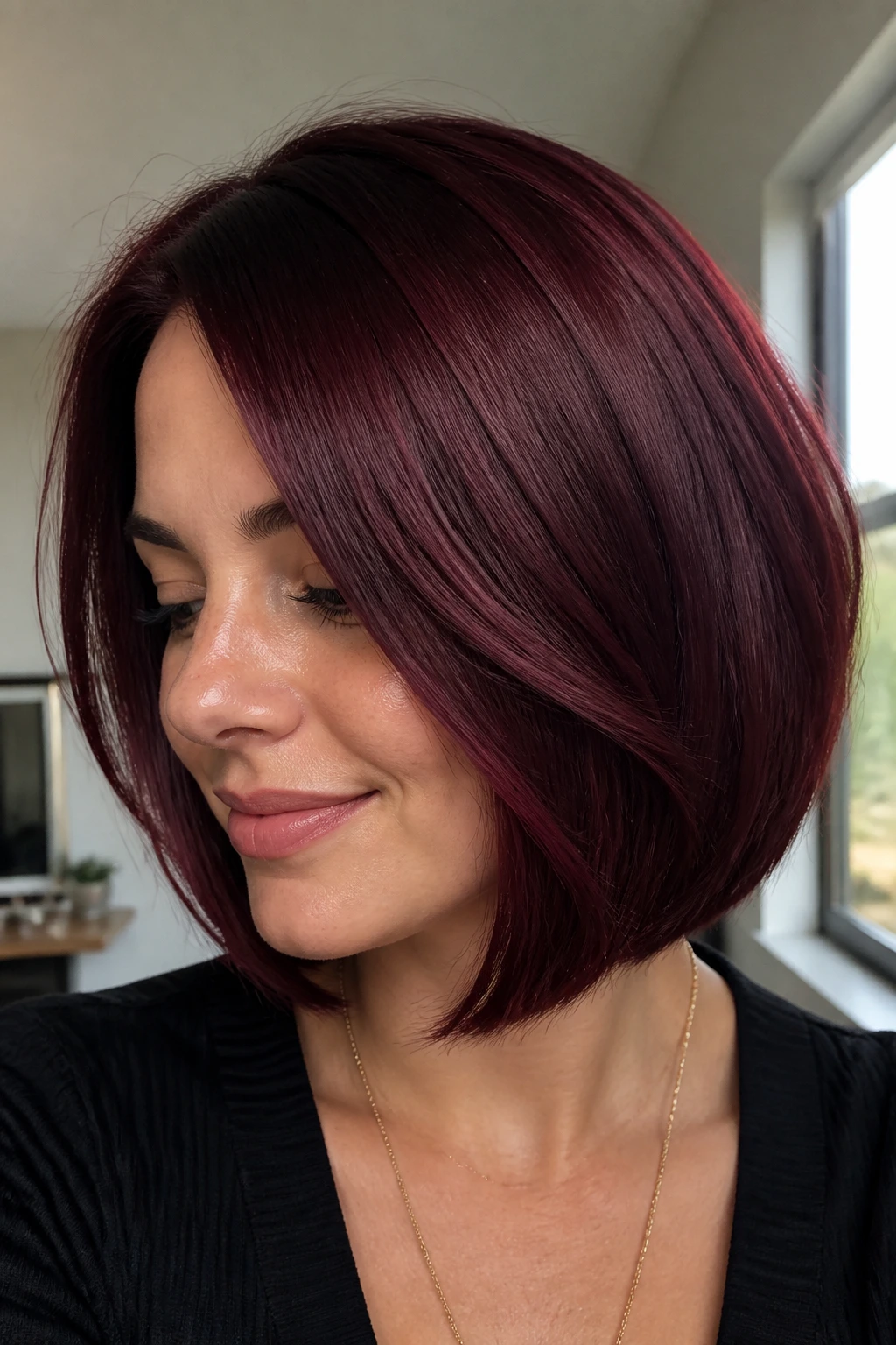Close-up of mulled wine burgundy bob on real woman