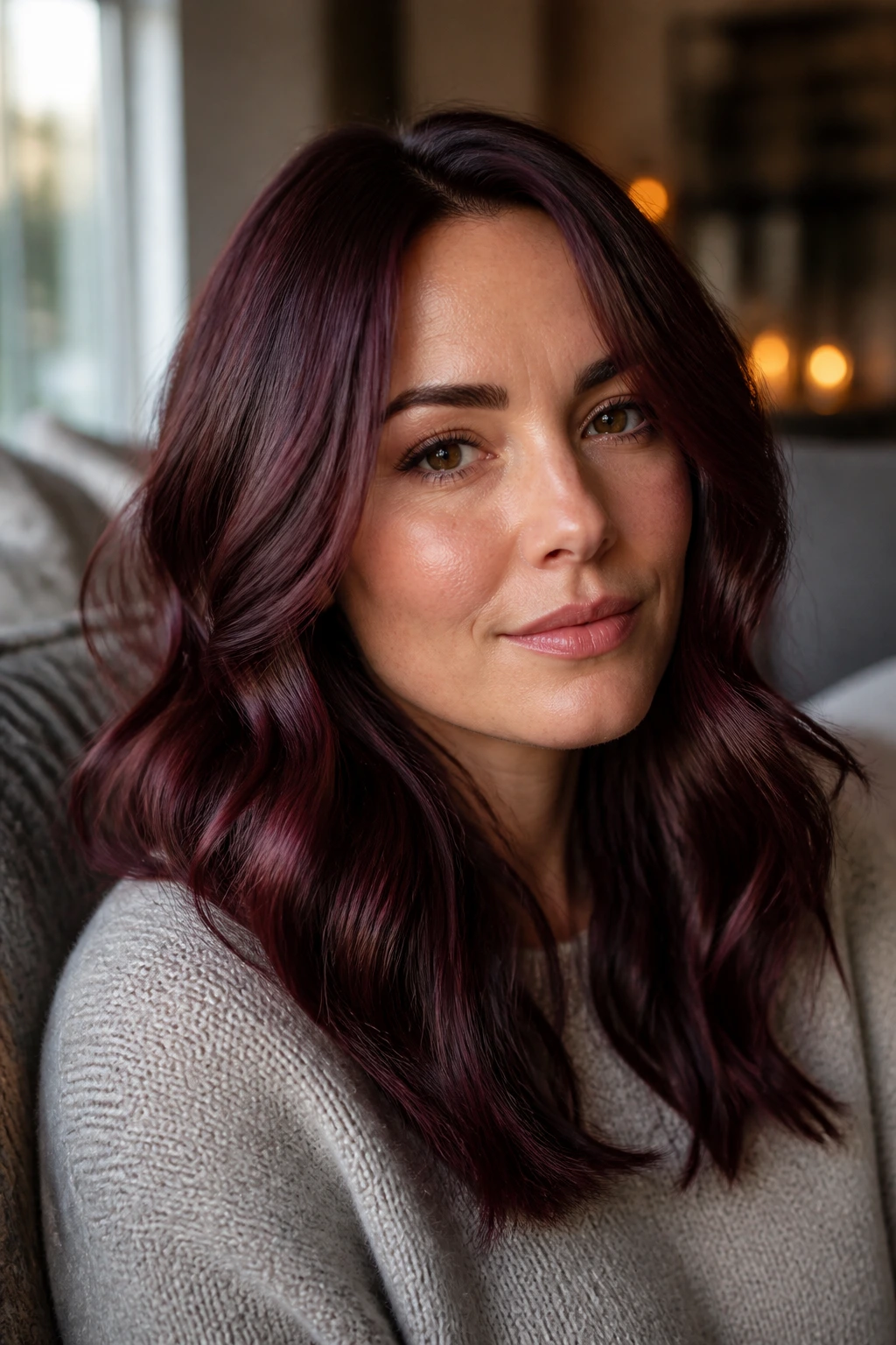 Close-up of a real woman with mulled wine brunette gloss under warm indoor light